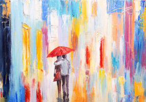 couple is walking in the rain under an umbrella, abstract colorful oil painting